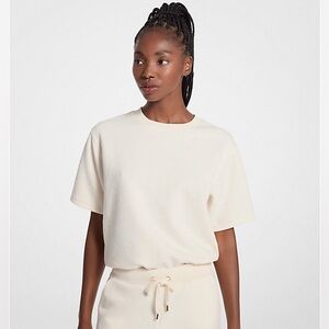 NWT MICHAEL KORS Logo Jacquard Knit Short-Sleeve Cream Sweatshirt Size Small